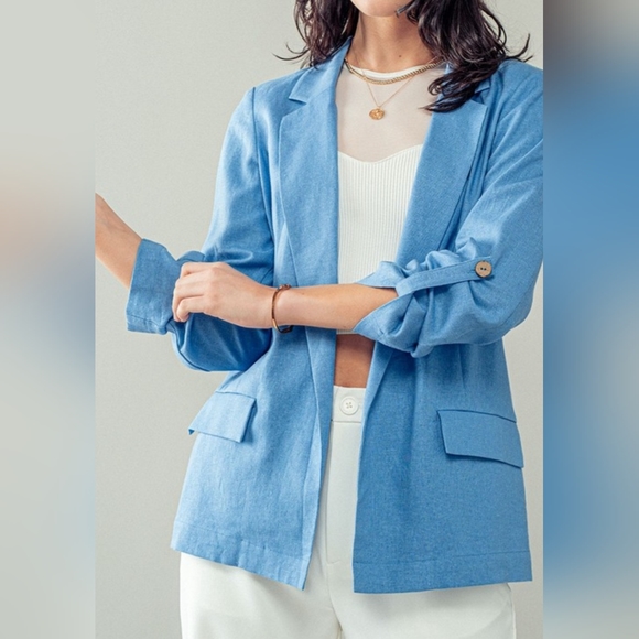 #385 SALE 🛑S,M Boho Linen Open Front Roll Tab Sleeve Blazer - Picture 15 of 16